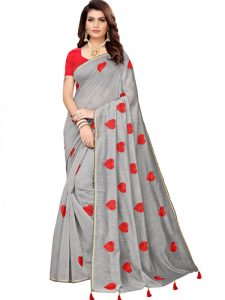 Heart Grey Chandheri Cotton Solid Designer Sarees With Blouse
