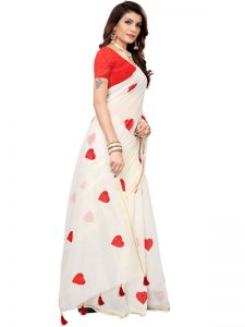 Heart White Chandheri Cotton Solid Designer Sarees With Blouse