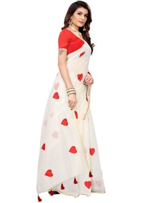 Heart White Chandheri Cotton Solid Designer Sarees With Blouse