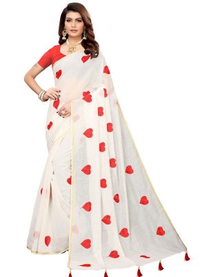 Heart White Chandheri Cotton Solid Designer Sarees With Blouse