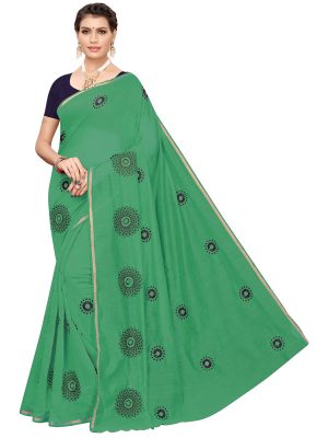 Interpol Green Japan Satin Solid Designer Sarees With Blouse