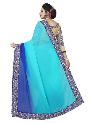 Mirror Blue Georgette Embroidered Designer Sarees With Blouse