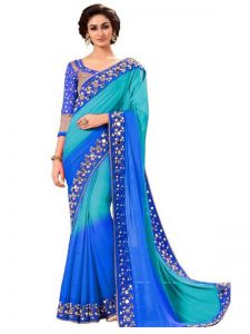 Mirror Blue Georgette Embroidered Designer Sarees With Blouse