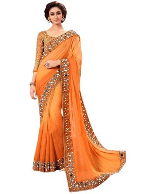 Mirror Orange Georgette Embroidered Designer Sarees With Blouse