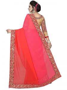 Mirror Peach Georgette Embroidered Designer Sarees With Blouse