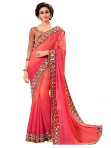 Mirror Peach Georgette Embroidered Designer Sarees With Blouse