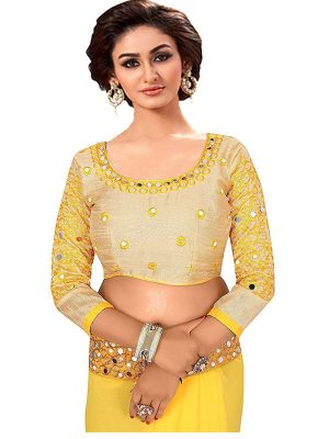 Mirror Yellow Georgette Embroidered Designer Sarees With Blouse