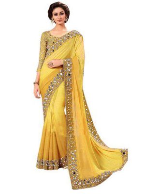 Mirror Yellow Georgette Embroidered Designer Sarees With Blouse