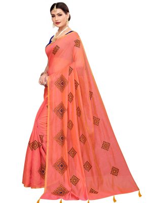 Nisha Orange Chandheri Cotton Embroidered Designer Sarees With Blouse