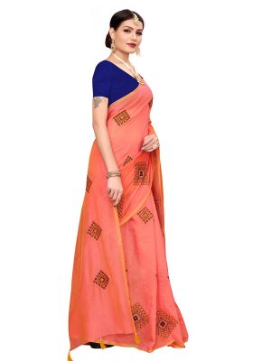 Nisha Orange Chandheri Cotton Embroidered Designer Sarees With Blouse