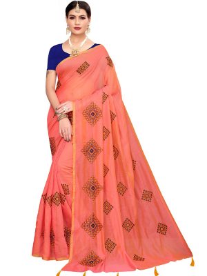 Nisha Orange Chandheri Cotton Embroidered Designer Sarees With Blouse