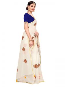 Nisha White Chandheri Cotton Embroidered Designer Sarees With Blouse