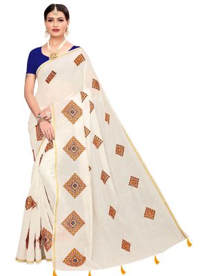 Nisha White Chandheri Cotton Embroidered Designer Sarees With Blouse