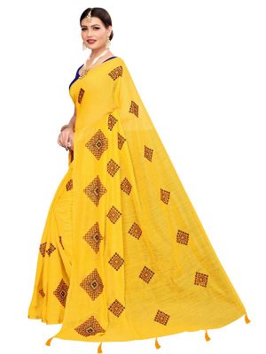 Nisha Yellow Chandheri Cotton Embroidered Designer Sarees With Blouse