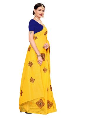 Nisha Yellow Chandheri Cotton Embroidered Designer Sarees With Blouse