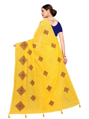 Nisha Yellow Chandheri Cotton Embroidered Designer Sarees With Blouse