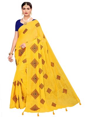 Nisha Yellow Chandheri Cotton Embroidered Designer Sarees With Blouse