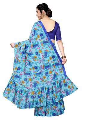 Ruffle Multi Blue Georgette Printed Designer Sarees With Blouse