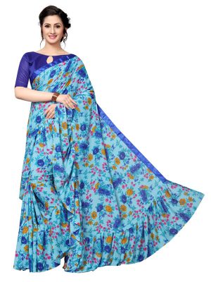 Ruffle Multi Blue Georgette Printed Designer Sarees With Blouse