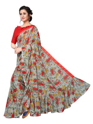 Ruffle Multi Red Georgette Printed Designer Sarees With Blouse