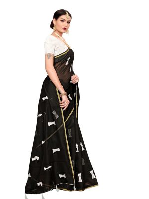 Shatranj Black Chandheri Cotton Embroidered Designer Sarees With Blouse
