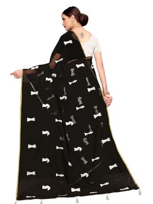 Shatranj Black Chandheri Cotton Embroidered Designer Sarees With Blouse