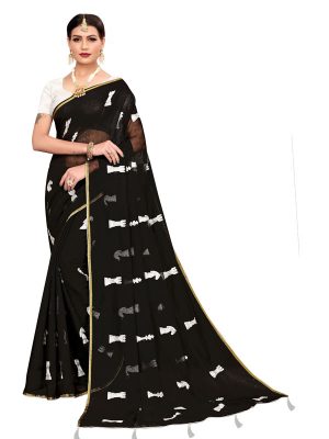 Shatranj Black Chandheri Cotton Embroidered Designer Sarees With Blouse