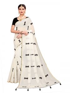 Shatranj White Chandheri Cotton Embroidered Designer Sarees With Blouse