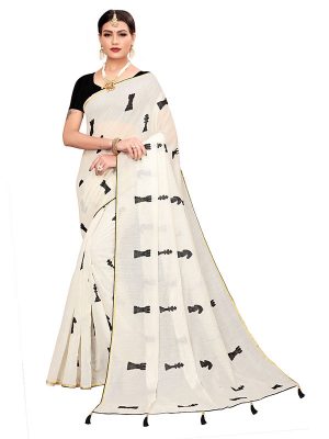 Shatranj White Chandheri Cotton Embroidered Designer Sarees With Blouse