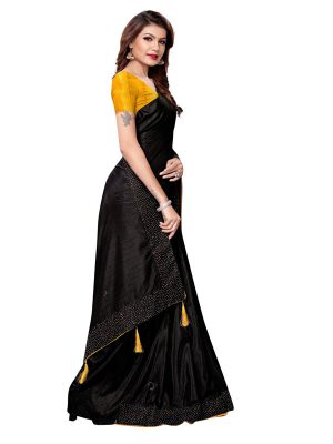 Silver Pearls Black Sana Silk Solid Designer Sarees With Blouse