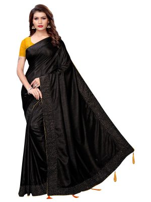 Silver Pearls Black Sana Silk Solid Designer Sarees With Blouse