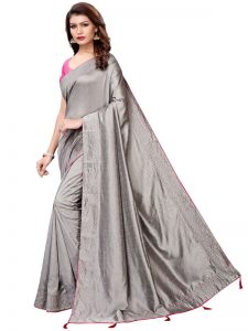 Silver Pearls Grey Sana Silk Solid Designer Sarees With Blouse