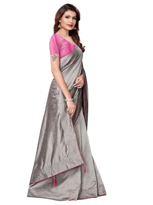 Silver Pearls Grey Sana Silk Solid Designer Sarees With Blouse