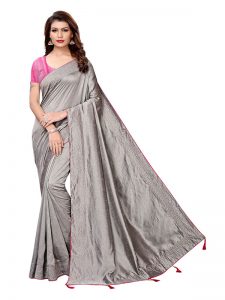 Silver Pearls Grey Sana Silk Solid Designer Sarees With Blouse