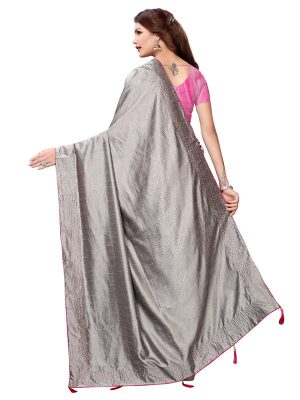 Silver Pearls Grey Sana Silk Solid Designer Sarees With Blouse