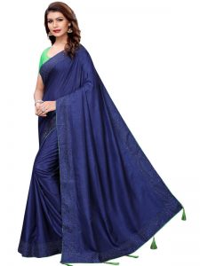 Silver Pearls Navy Sana Silk Solid Designer Sarees With Blouse