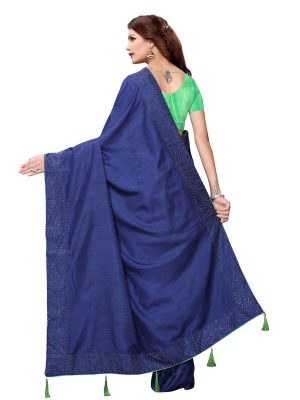 Silver Pearls Navy Sana Silk Solid Designer Sarees With Blouse