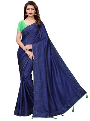 Silver Pearls Navy Sana Silk Solid Designer Sarees With Blouse