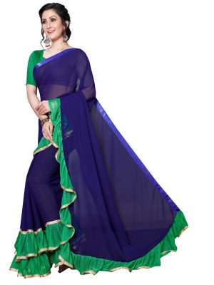Tinder Green Georgette Solid Designer Sarees With Blouse