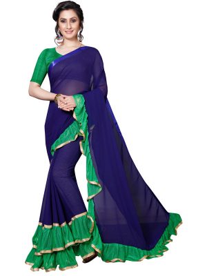 Tinder Green Georgette Solid Designer Sarees With Blouse