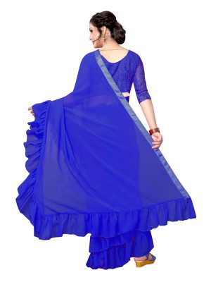 Triple Ruffle Blue Georgette Solid Designer Sarees With Blouse