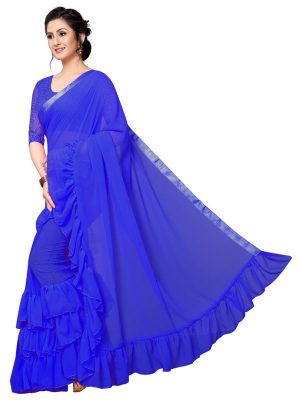 Triple Ruffle Blue Georgette Solid Designer Sarees With Blouse