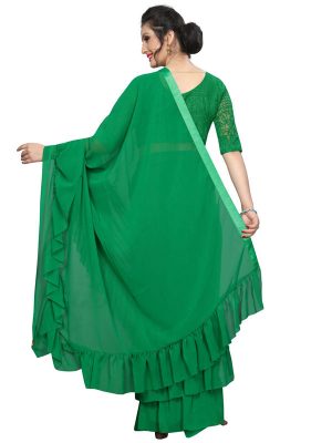 Triple Ruffle Green Georgette Solid Designer Sarees With Blouse