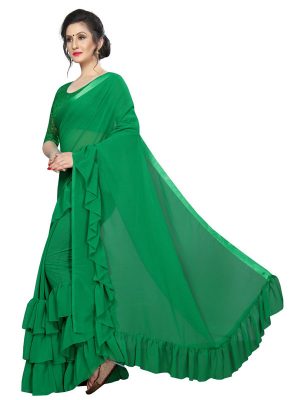 Triple Ruffle Green Georgette Solid Designer Sarees With Blouse