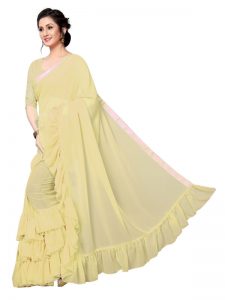 Triple Ruffle Lemon Georgette Solid Designer Sarees With Blouse