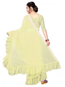 Triple Ruffle Lemon Georgette Solid Designer Sarees With Blouse