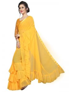 Triple Ruffle Yellow Georgette Solid Designer Sarees With Blouse