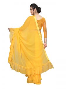 Triple Ruffle Yellow Georgette Solid Designer Sarees With Blouse