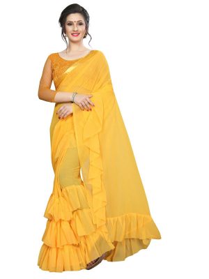 Triple Ruffle Yellow Georgette Solid Designer Sarees With Blouse