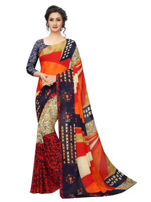 Avengers Orange Printed Georgette Sarees With Blouse